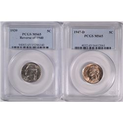 2 JEFFERSON NICKELS 1939 REV. OF 40, & 47-D PCGS MS-65