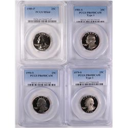 WASHINGTON QUARTERS 3 PCGS PR-69 DCAM 79-S T-1, 81-S, T-1, 94-S, & 89 PCGS MS-64