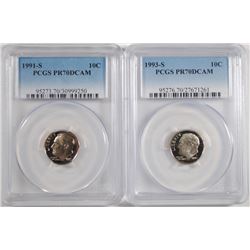 1991-S & 93-S ROOSEVELT DIMES PCGS PR-70 DCAM