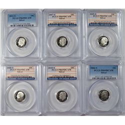 (6) SILVER ROOSEVELT DIMES  PCGS PR-69 DCAM 06-S, 07-S, 08-S, 09-S, 10-S, 11-S