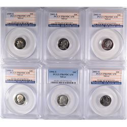 (6) SILVER ROOSEVELT DIMES PCGS PR-69 DCAM 1996-S, 99-S, 2000-S, 01-S, 02-S,03-S
