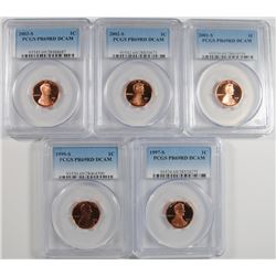 1997-S, 99-S, 01-S, 02-S & 03-S LINCOLN CENTS, PCGS PR-69RD DCAM