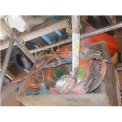 WOODEN BOX OF TATCHET & COME A LONG