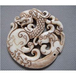Old China Jade hand-carved Dragon & Phoenix Pendant