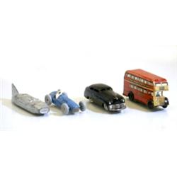 4 bilar, Schuco Miakocar, Dinky Toys Talbot, Dinky Toys Streamliner racing car och Wells Brimtoy...