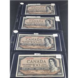 1954 $100 (X4) FOUR IN SEQUENCE, CANADIAN BANK NOTES