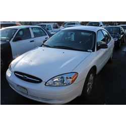 2001 FORD TAURUS LX 4 DOOR SEDAN, WHITE, VIN # 1FAFP52U91G222912