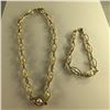 Image 1 : SET OF YELLOW GOLD PLATED CAGE STYLE CULTURED PEARL NECKLACE AND BRACELET.  NECKLACE IS 38CM LONG.