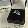 Image 1 : LADIES 14KT YELLOW GOLD NATURAL BLUE TOPAZ, BLACK OPAL IN-LAY & DIAMOND SET DRESS RING. SET WITH 14