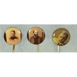 [Photographic Jewellery], A group of 4 celluloid mourning pins and a pair of photographic cuff...