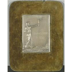 [Photographic Novelty], A metal presentation award plaque in a green velvet frame. This is a fi...