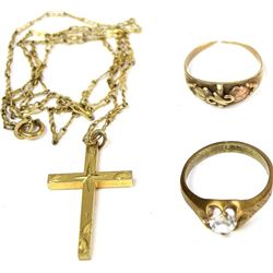 Collection of 3 includes gold cross and chain,