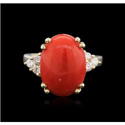 14KT Yellow Gold 6.25ct Coral and Diamond Ring