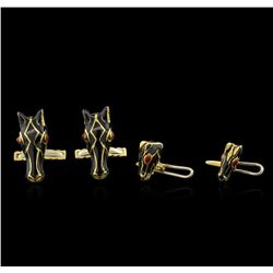 0.50ctw Ruby and Enamel Horse Head Cufflink and Stud Set - 18KT Yellow Gold