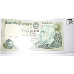 1978 PORTUGAL 20 VINTE ESCUDOS SERIAL # US087522 BANK NOTE!! NOTE CAME OUT OF SAFE!!