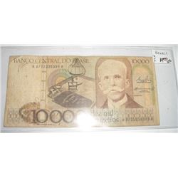 BRASIL 10,000 DEZ MIL CRUZEIROS SERIAL # A0731036099A BANK NOTE!! NOTE CAME OUT OF SAFE!!