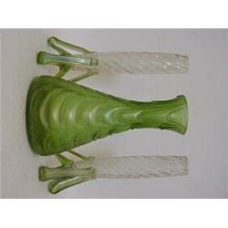 AN ARTS AND CRAFTS GREEN GLASS VASE, early 20th Century, tapered with relief chevron design, grou...