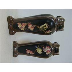 A PAIR OF BRETBY BRONZED AND JEWELLED BALUSTER VASES, c.1900, cloisonne panels of birds on branch...