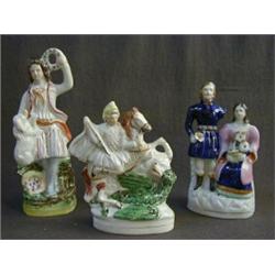 A STAFFORDSHIRE FLATBACK FIGURE, 19th Century, St. George and Dragon, height 19cm, (s.d.), anothe...