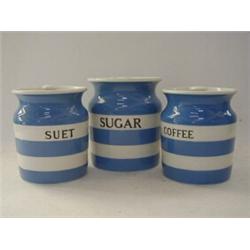 THREE T.G. GREEN BLUE CORNISH WARE JARS, and covers, 'Sugar' (cover s.d.) height 16cm, 'Suet' and...