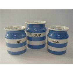 THREE T.G. GREEN BLUE CORNISH WARE JARS, and covers, 'Flour', height 16cm, 'Rice' and 'Sago', (co...