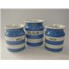 Image 1 : THREE T.G. GREEN BLUE CORNISH WARE JARS, and covers, 'Flour', height 16cm, 'Rice' and 'Sago', (co...