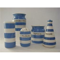 TWO T.G. GREEN BLUE CORNISH WARE JARS, 'Custard Powder', (no cover), 'Tapioca', (cover) a sleeve ...