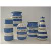 Image 1 : TWO T.G. GREEN BLUE CORNISH WARE JARS, 'Custard Powder', (no cover), 'Tapioca', (cover) a sleeve ...