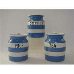 THREE T.G. GREEN BLUE CORNISH WARE JARS, and covers, 'Coffee', 'Rice' and 'Tea', heights 13cm, gr...