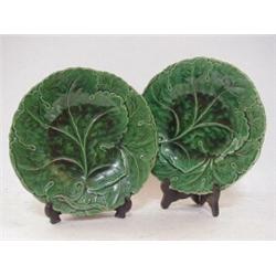 A PAIR OF MINTON DESSERT PLATES, 19th Century, moulded vine leaf pattern, green majolica glazes, ...