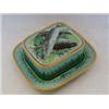 Image 1 : A GEORGE JONES MAJOLICA SARDINE DISH, cover and stand, c.1870, fish finial on a bed of water foli...