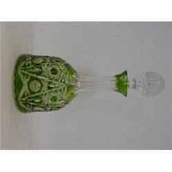 A BOHEMIAN GREEN FLASHED GLASS DECANTER, 20th Century, mallet shape, clear stopper, height 32cm  ...