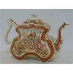 A VICTORIAN EARTHENWARE TEAPOT, transfer printed Mughal hunting party scene, gilt border, Rd. No....