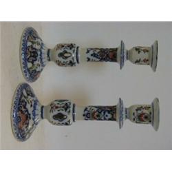 A PAIR OF FAIENCE CANDLESTICKS, quatrefoil pierced knops, Henri II decorated, 'V.R' script marks,...