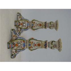 A PAIR OF FAIENCE CANDLESTICKS, Louis XV design, script marks, (one foot re-glued) height 24cm (2...