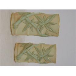A PAIR OF ROYAL WORCESTER BLUSH IVORY SLEEVE VASES, 1900, simulated bamboo, No. 847, height 11cm ...