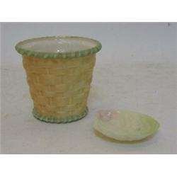 A ROYAL WORCESTER BLUSH IVORY VASE, 1909, basket weave moulded, No. 857, height 8cm and a shell t...
