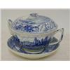 Image 1 : A BLUE TRANSFER TWIN HANDLED CUP, cover and stand, mid 19th Century, equestrian subjects, height ...