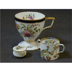 A COPELANDS SPODE MINIATURE TWIN  HANDLED CUP, peacock pattern, a footed cup a Royal Worcester ro...