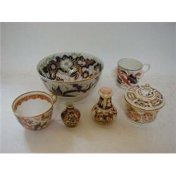 A ROYAL CROWN DERBY IMARI PEPPER POT, a Duesbury period ink stand, (s.d.), an Imari waste bowl, t...