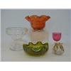 Image 1 : A GREEN IRIDESCENT ART GLASS DISH, early 20th Century, wavy rim, an amber glass bowl, clear pince...