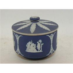 A WEDGWOOD DARK BLUE JASPER DIP COVERED BOWL, classical subjects, height 12cm, two similar ashtra...