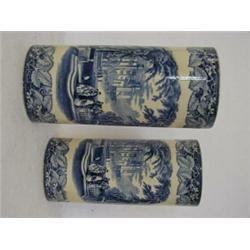 A PAIR OF MASONS SLEEVE VASES, late 19th Century, blue transfer printed, figures on a castle terr...