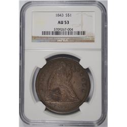 1843 SEATED DOLLAR NGC AU-53
