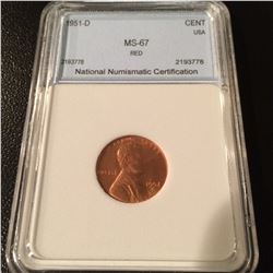 1951-D Lincoln Cent NNC MS67 Red
