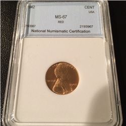 1942 Lincoln Cent NNC MS67 Red