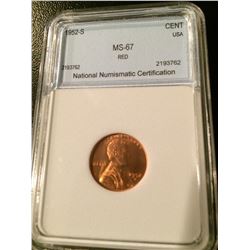 1952-S Lincoln Cent NNC MS67 Red