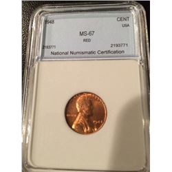1948 Lincoln Cent NNC MS67 Red