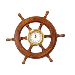 SHISHAM WOOD AND BRASS 18" NAUTICAL SHIP WHEEL CLOCK