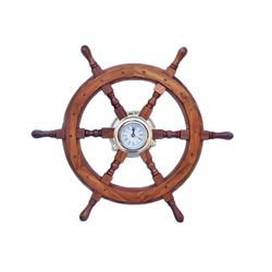 SHISHAM WOOD AND BRASS 24" NAUTICAL SHIP WHEEL CLOCK